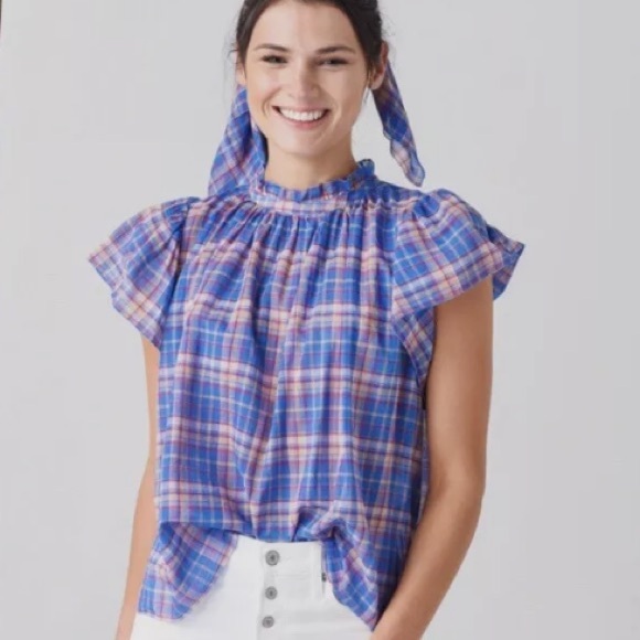 Trovata Birds of Paradis Blue Pink Plaid Carla High Neck Shirt - Picture 1 of 13